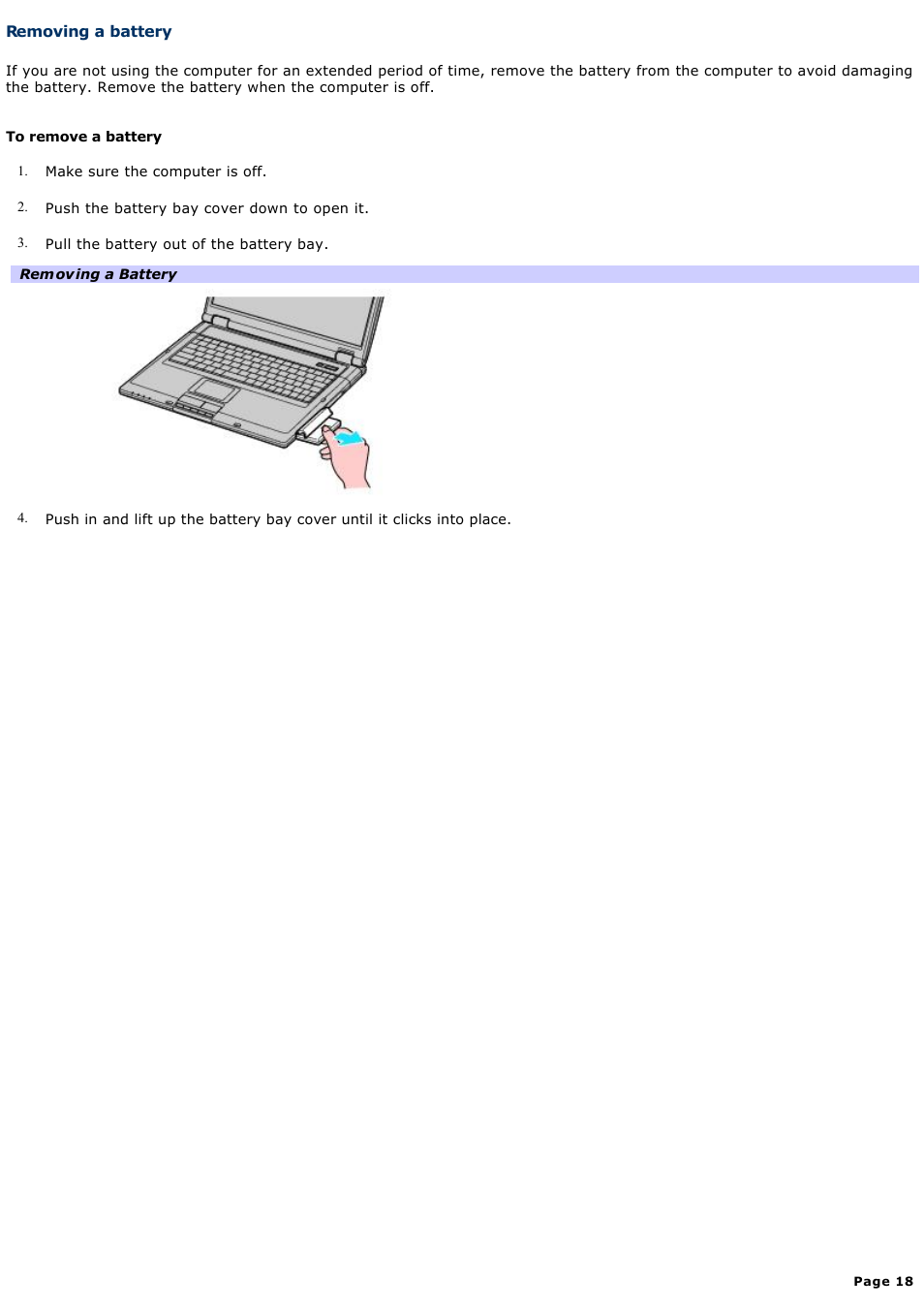 Removing a battery | Sony VAIO computer User Manual | Page 18 / 190