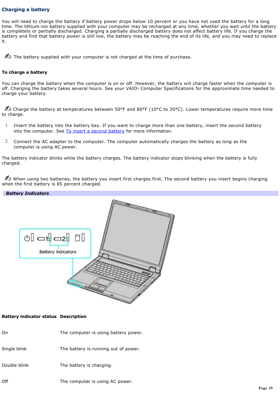 Charging a battery | Sony VAIO computer User Manual | Page 19 / 190