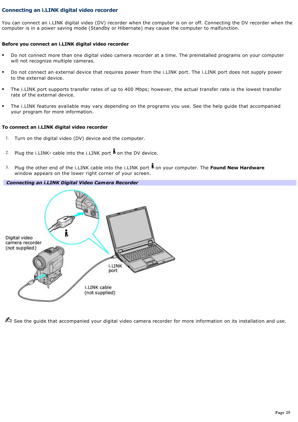 Connecting an i.link digital video recorder | Sony VAIO computer User Manual | Page 25 / 190