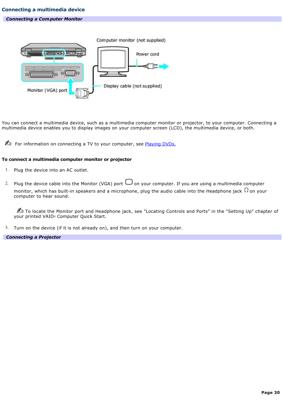 Connecting a multimedia device | Sony VAIO computer User Manual | Page 30 / 190