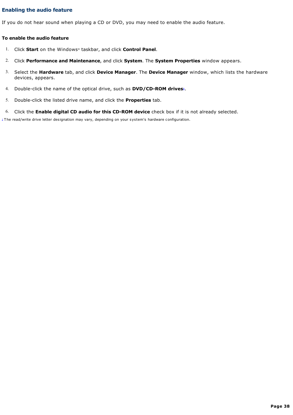 Enabling the audio feature | Sony VAIO computer User Manual | Page 38 / 190