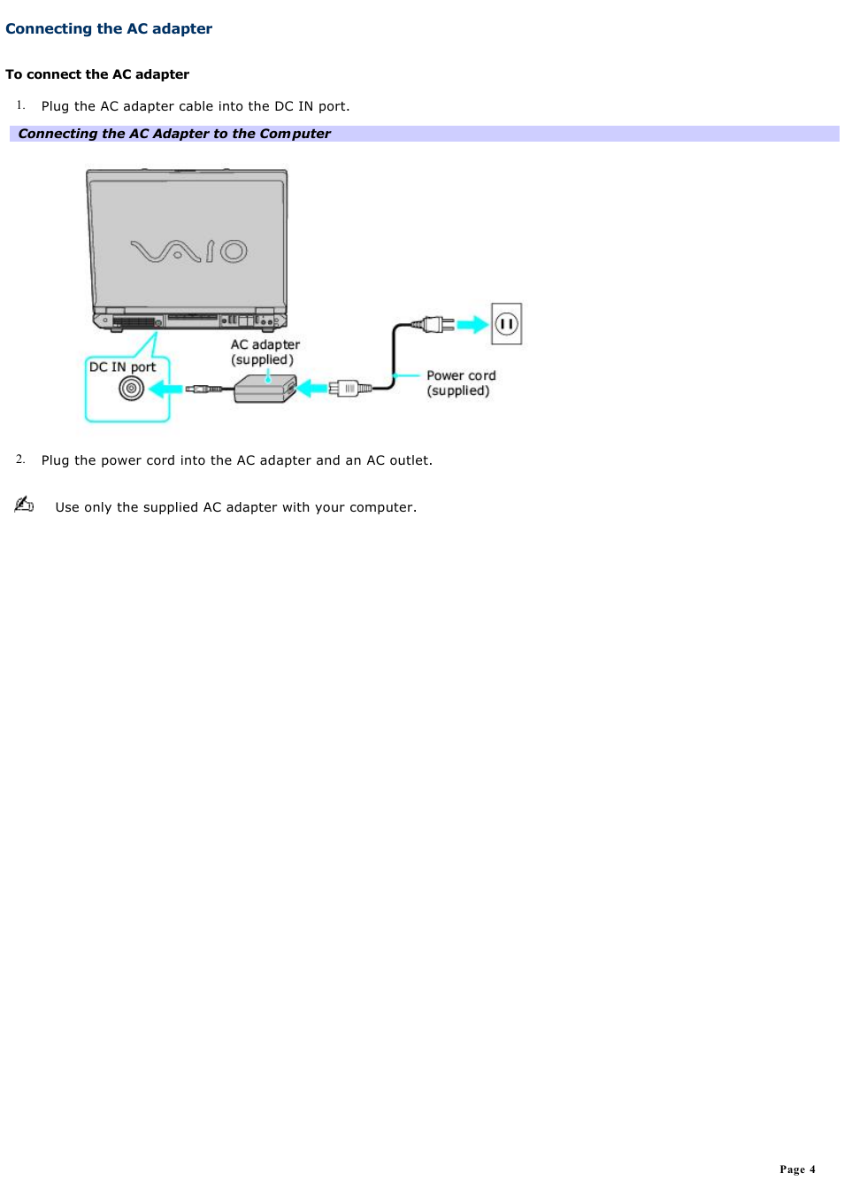 Connecting the ac adapter | Sony VAIO computer User Manual | Page 4 / 190