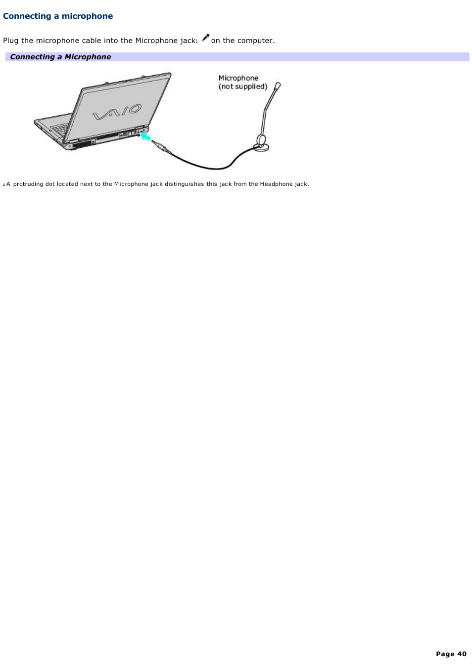 Connecting a microphone | Sony VAIO computer User Manual | Page 40 / 190