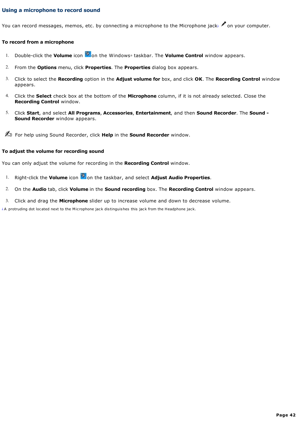 Using a microphone to record sound | Sony VAIO computer User Manual | Page 42 / 190