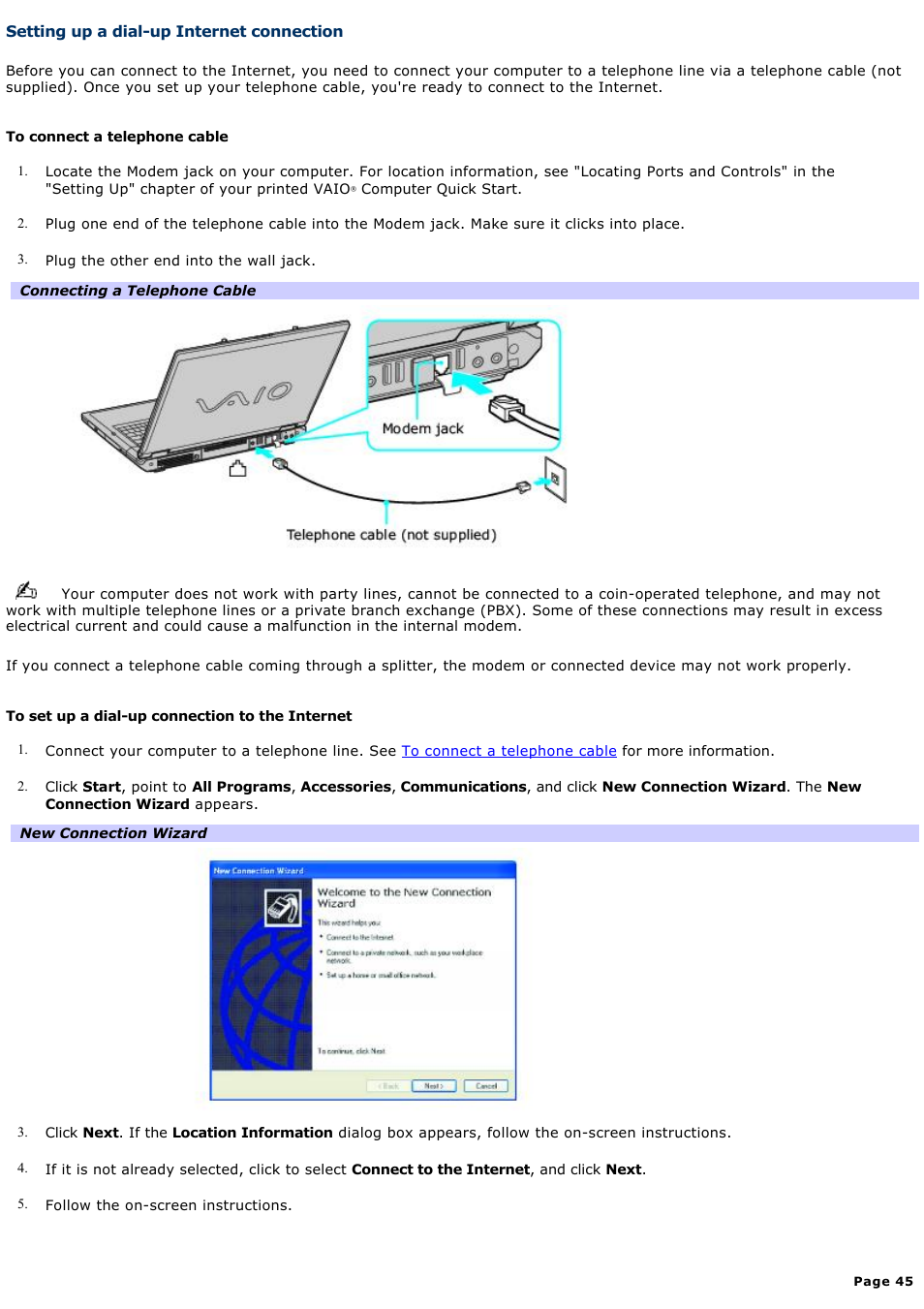 Setting up a dial-up internet connection | Sony VAIO computer User Manual | Page 45 / 190