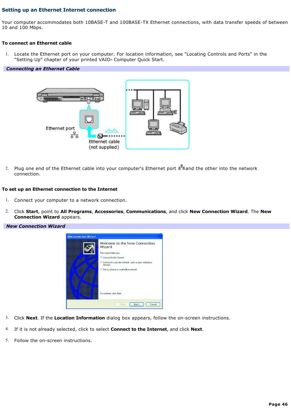 Setting up an ethernet internet connection | Sony VAIO computer User Manual | Page 46 / 190