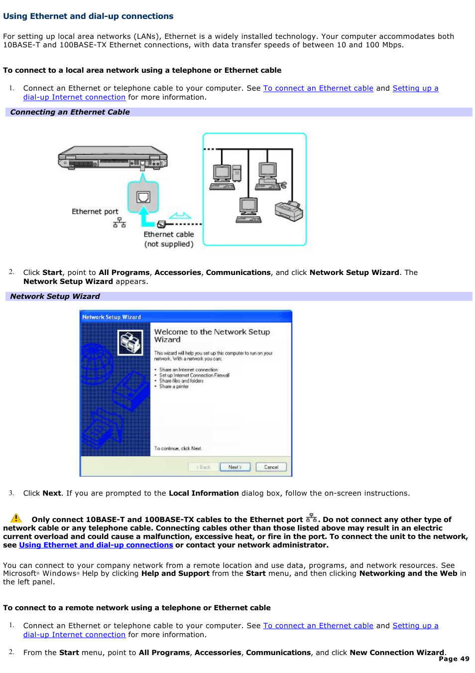 Using ethernet and dial-up connections | Sony VAIO computer User Manual | Page 49 / 190