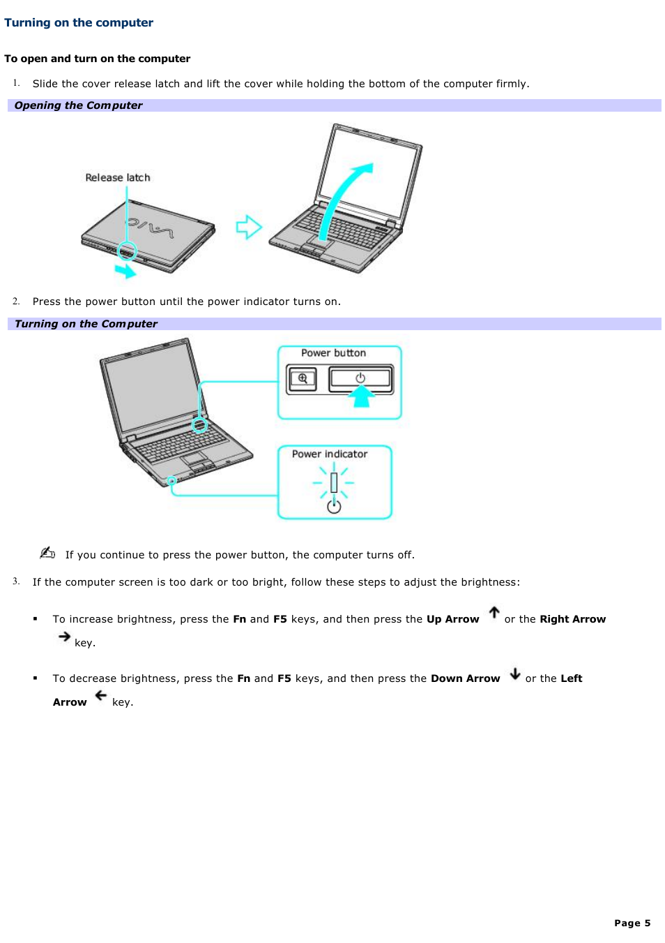 Turning on the computer | Sony VAIO computer User Manual | Page 5 / 190