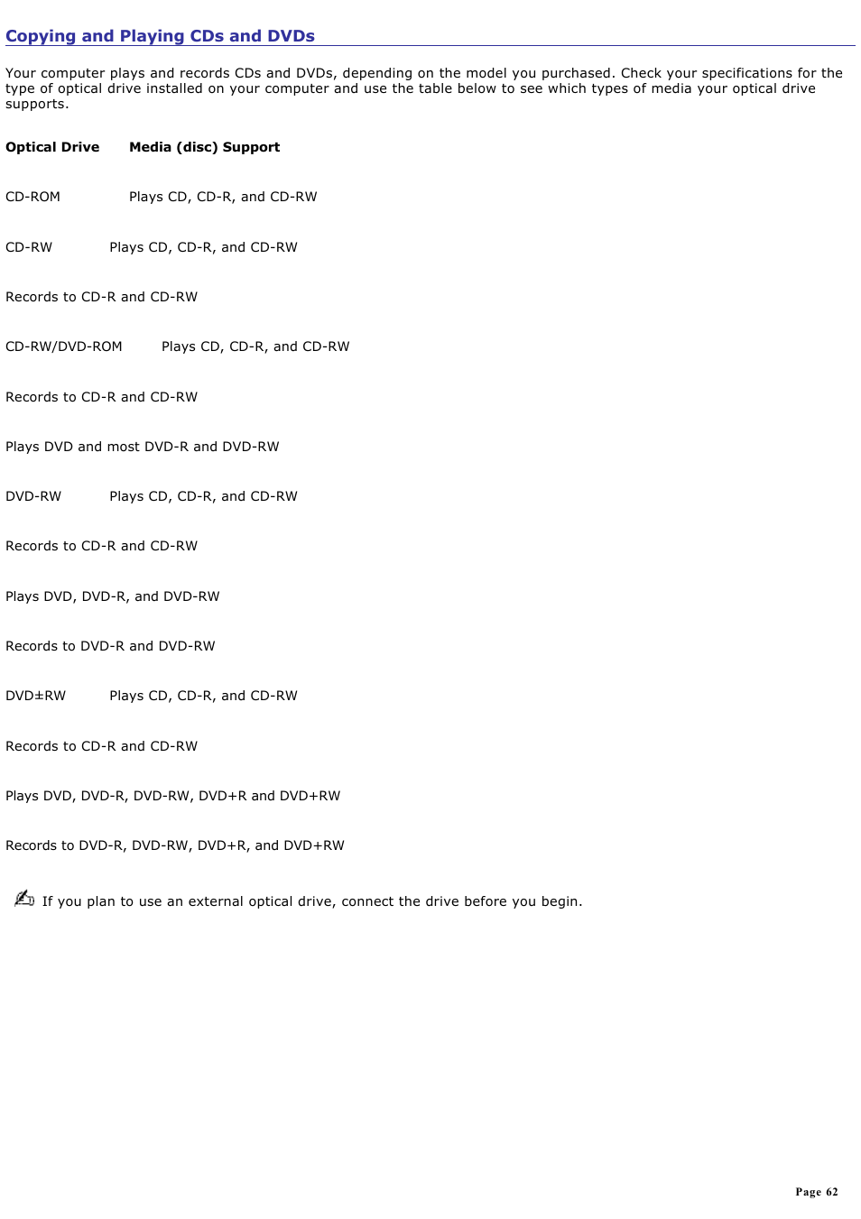 Copying and playing cds and dvds | Sony VAIO computer User Manual | Page 62 / 190