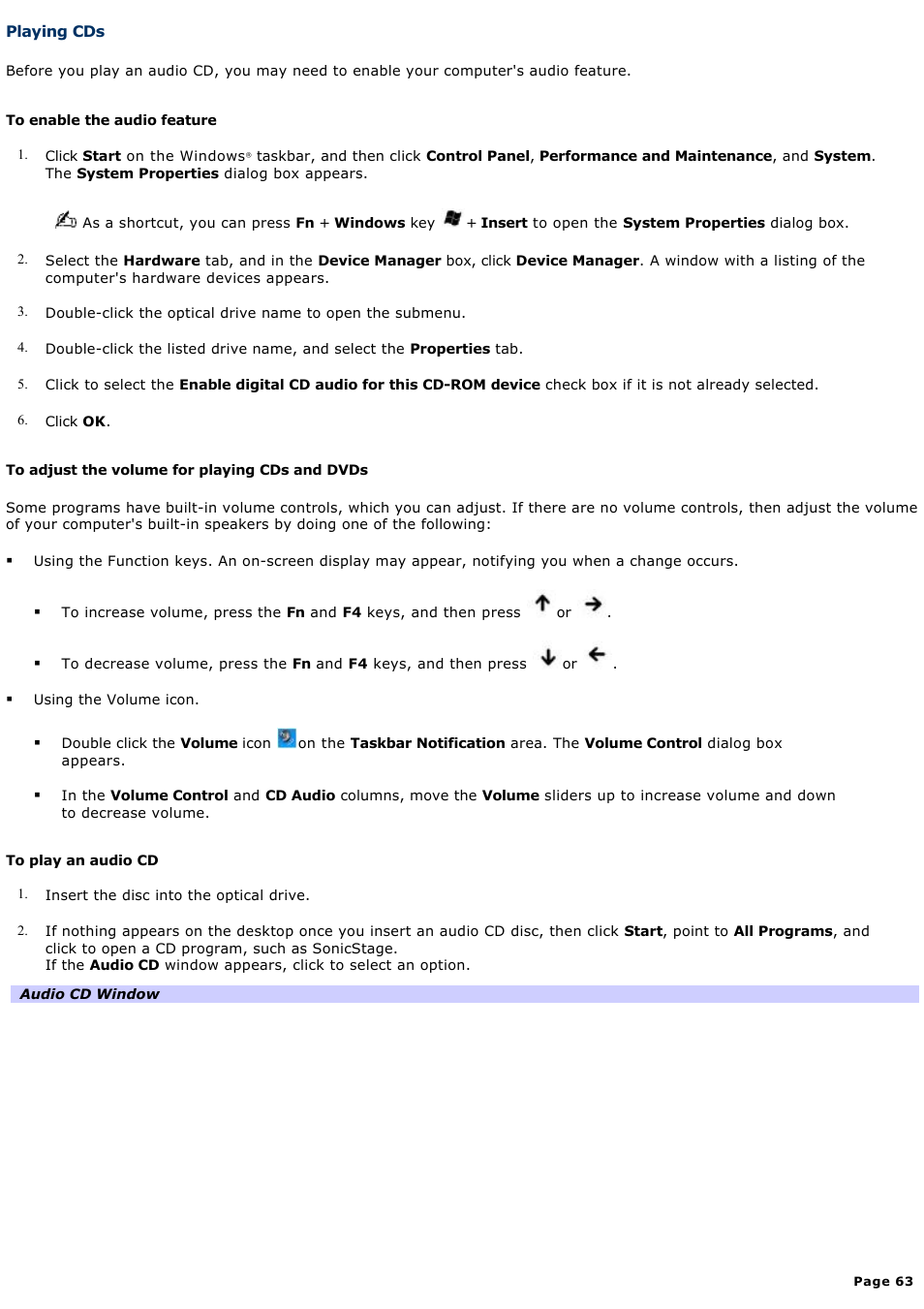 Playing cds | Sony VAIO computer User Manual | Page 63 / 190