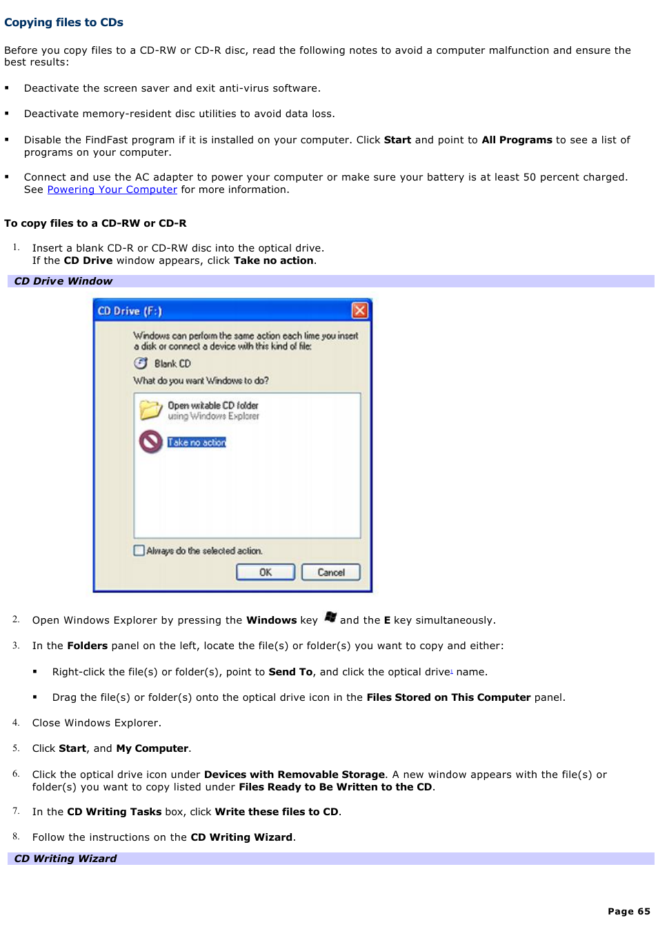 Copying files to cds | Sony VAIO computer User Manual | Page 65 / 190