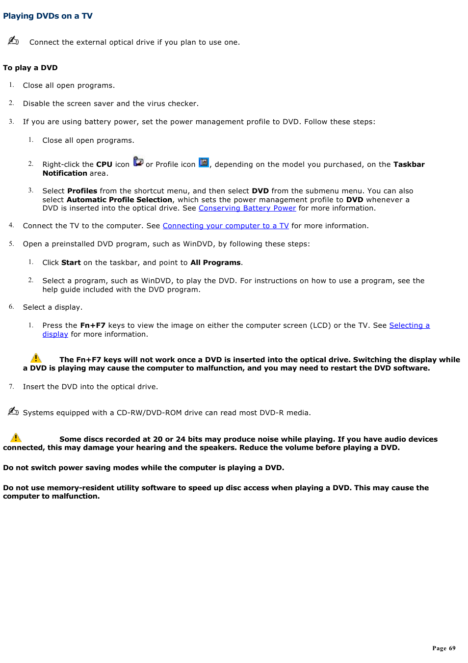 Playing dvds on a tv | Sony VAIO computer User Manual | Page 69 / 190