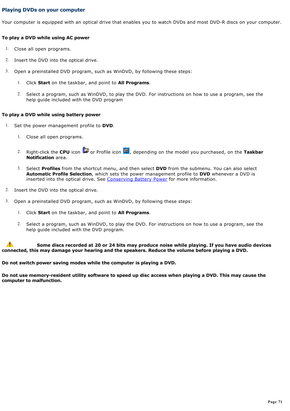 Playing dvds on your computer | Sony VAIO computer User Manual | Page 71 / 190