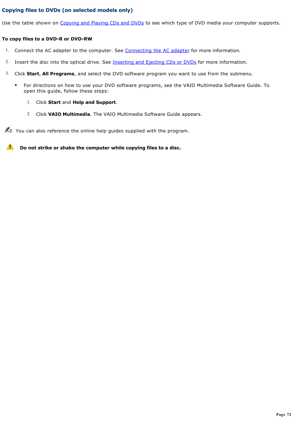 Copying files to dvds (on selected models only) | Sony VAIO computer User Manual | Page 72 / 190