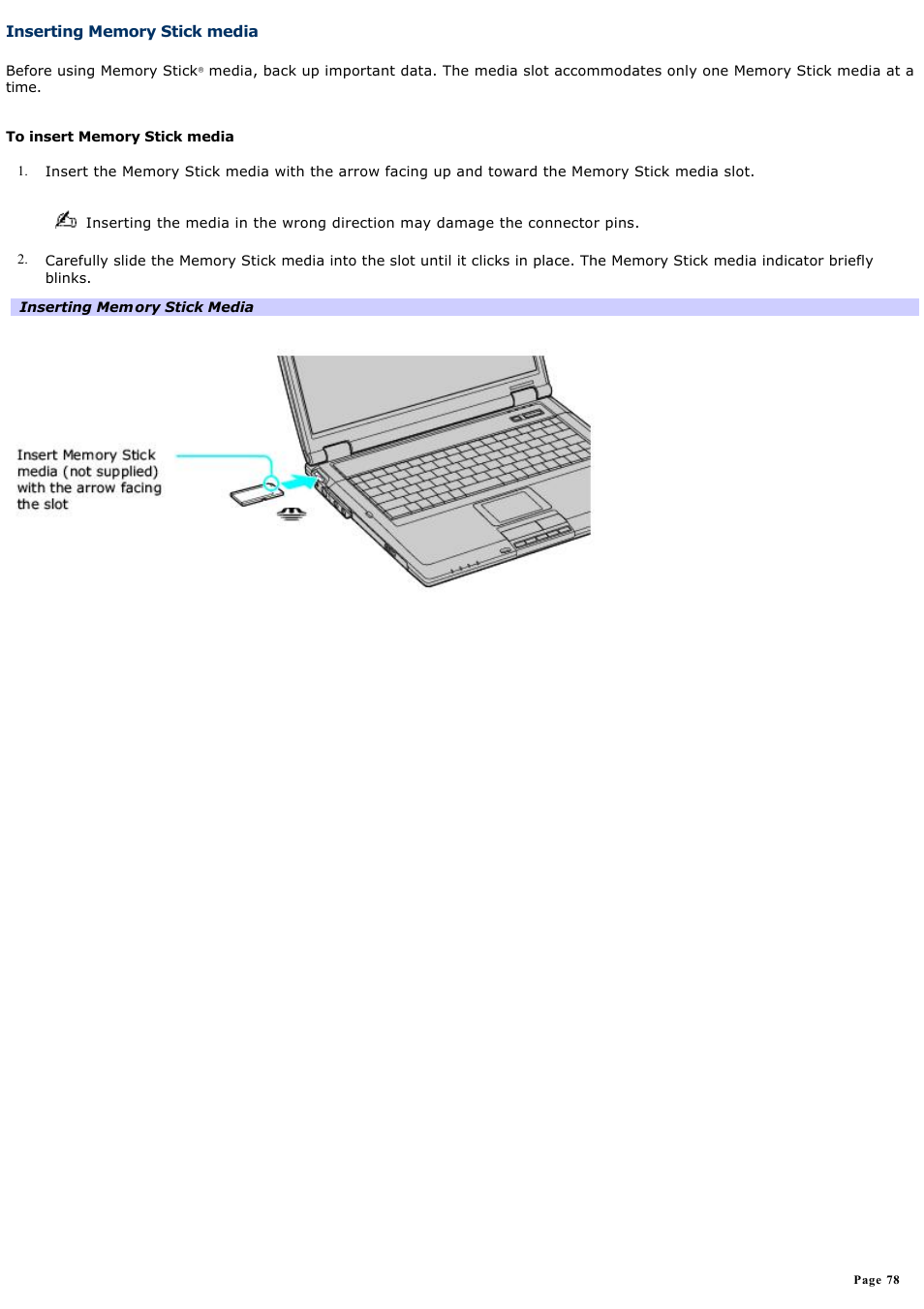 Inserting memory stick media | Sony VAIO computer User Manual | Page 78 / 190