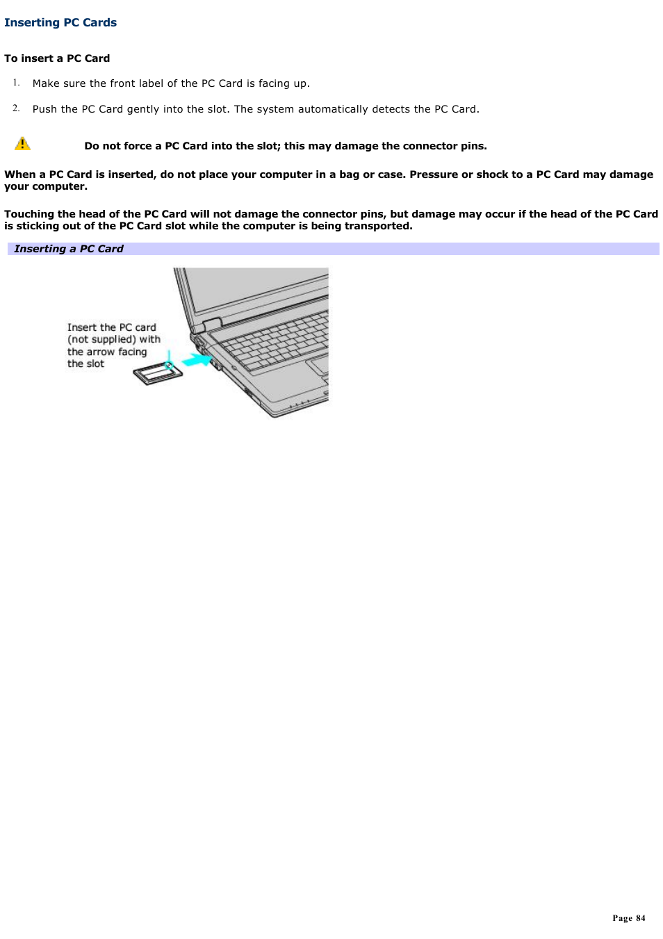 Inserting pc cards | Sony VAIO computer User Manual | Page 84 / 190