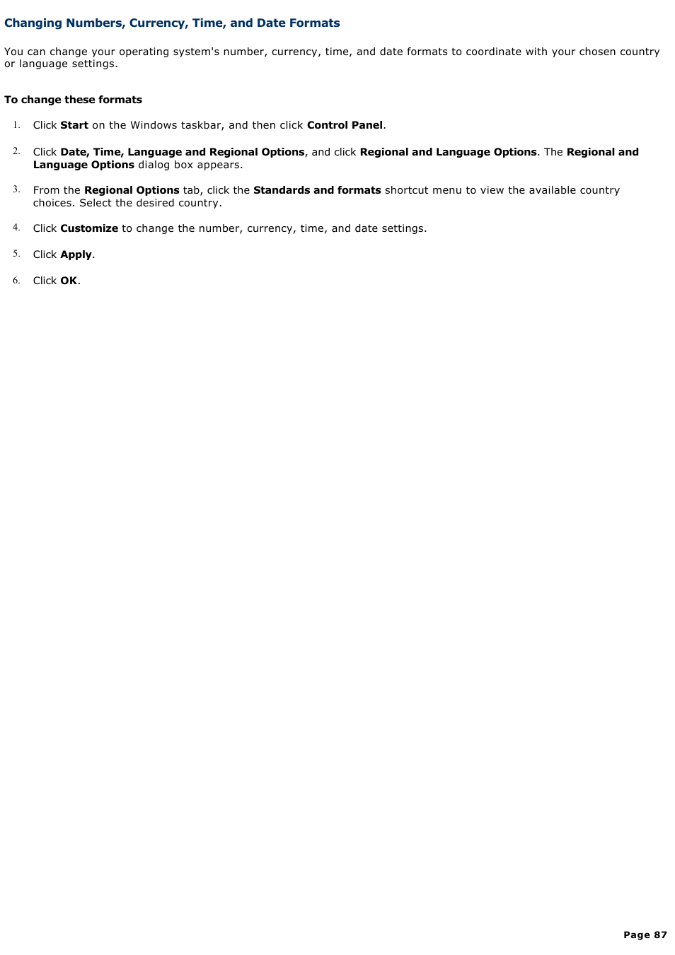 Changing numbers, currency, time, and date formats | Sony VAIO computer User Manual | Page 87 / 190