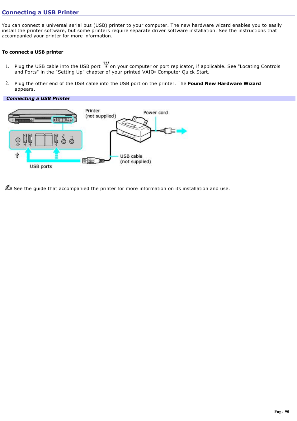 Connecting a usb printer | Sony VAIO computer User Manual | Page 90 / 190