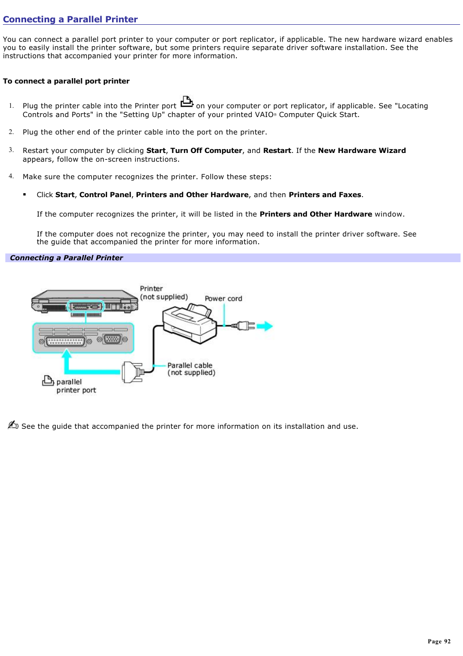 Connecting a parallel printer | Sony VAIO computer User Manual | Page 92 / 190