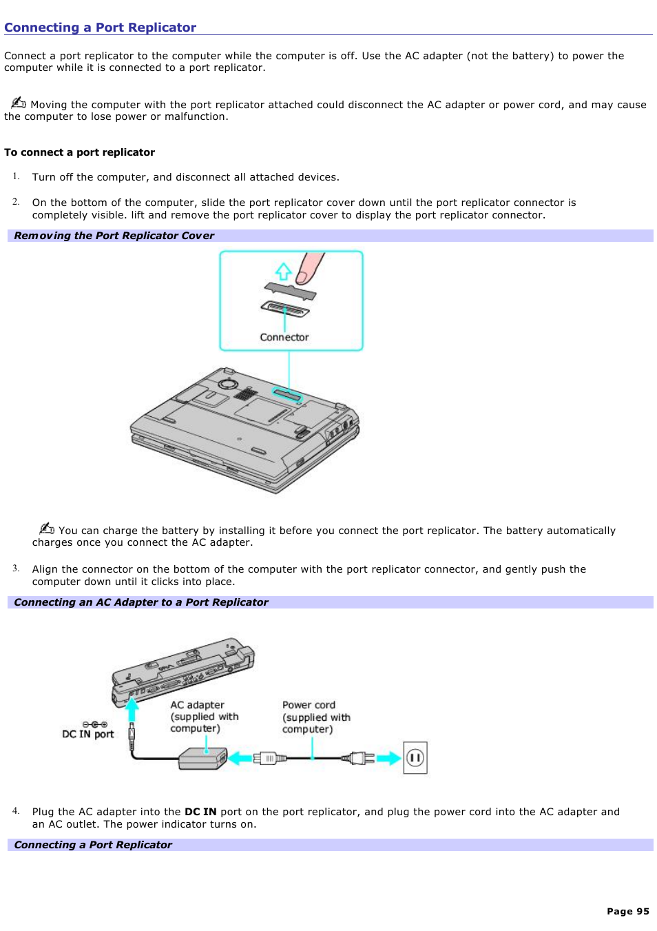 Connecting a port replicator | Sony VAIO computer User Manual | Page 95 / 190