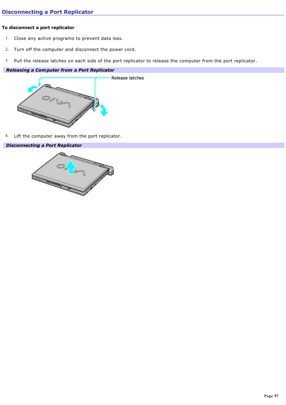 Disconnecting a port replicator | Sony VAIO computer User Manual | Page 97 / 190