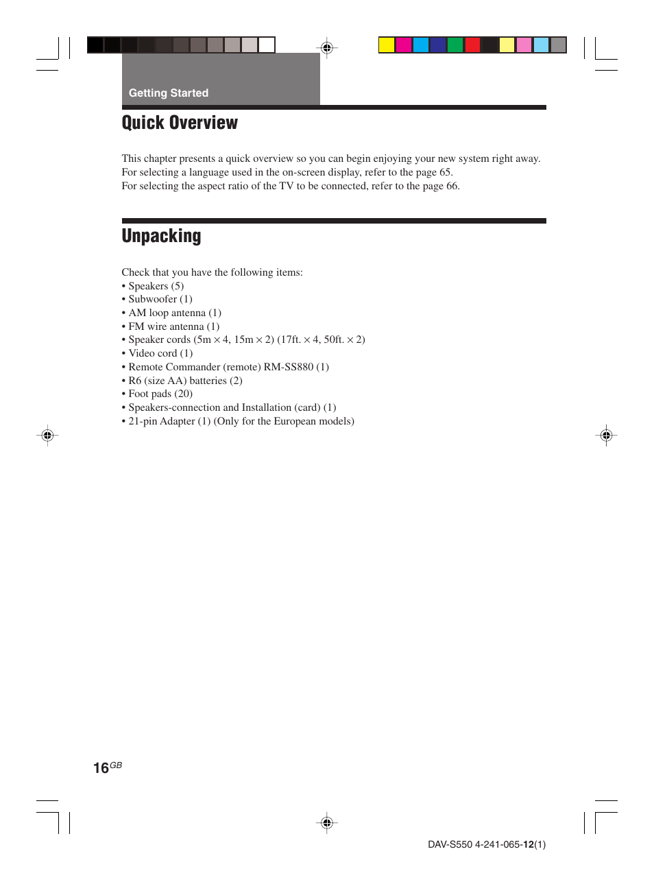 Getting started, Quick overview, Unpacking | Sony DAV-S550 User Manual | Page 16 / 84