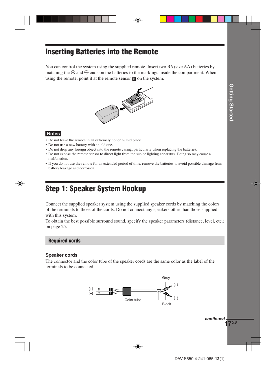 Inserting batteries into the remote, Step 1: speaker system hookup | Sony DAV-S550 User Manual | Page 17 / 84