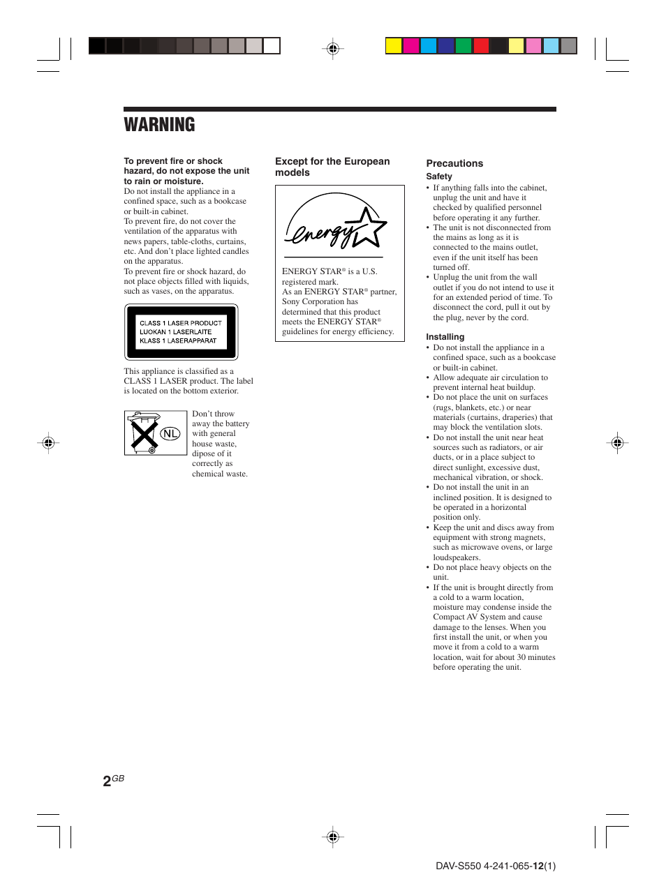 Warning | Sony DAV-S550 User Manual | Page 2 / 84