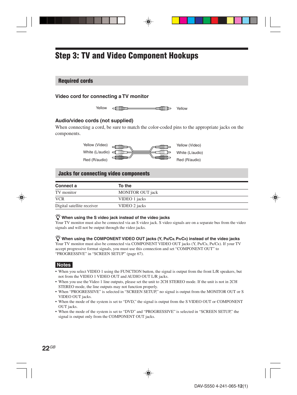 Step 3: tv and video component hookups, Required cords, Jacks for connecting video components | Sony DAV-S550 User Manual | Page 22 / 84
