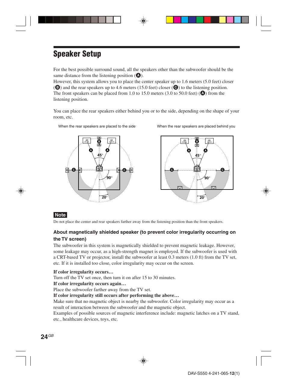 Speaker setup | Sony DAV-S550 User Manual | Page 24 / 84