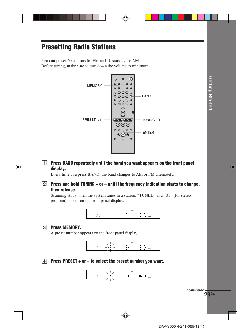 Presetting radio stations, Getting star ted, A preset number appears on the front panel display | Sony DAV-S550 User Manual | Page 29 / 84
