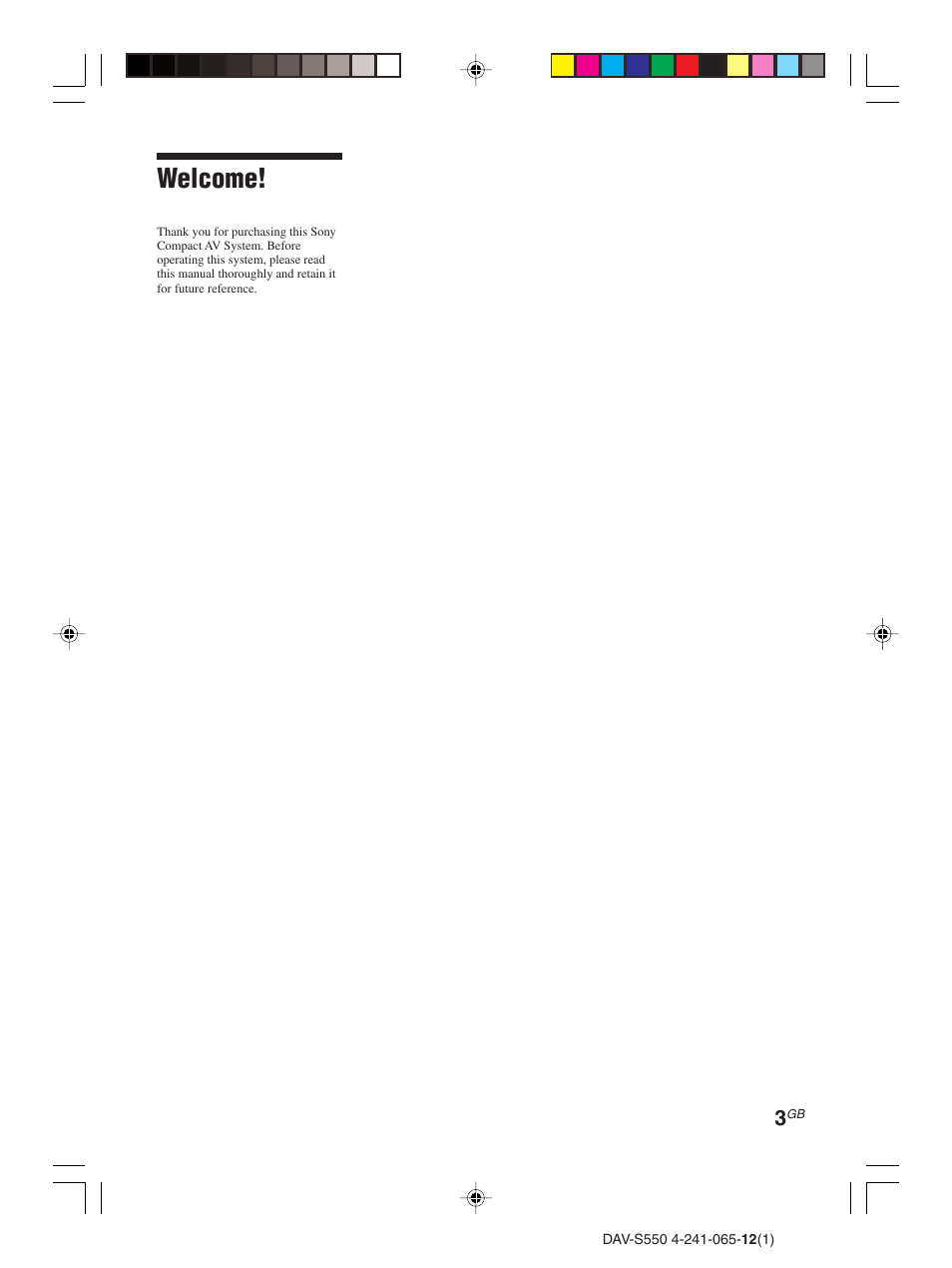 Welcome | Sony DAV-S550 User Manual | Page 3 / 84