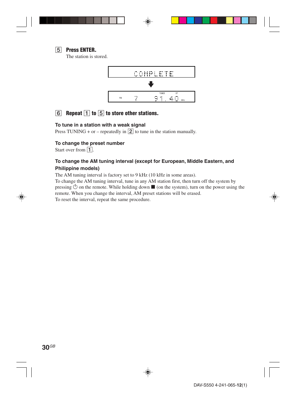 5press enter, 6repeat 1 to 5 to store other stations, The station is stored | Sony DAV-S550 User Manual | Page 30 / 84
