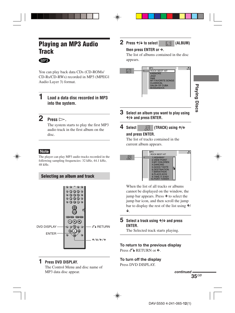 Playing an mp3 audio track | Sony DAV-S550 User Manual | Page 35 / 84