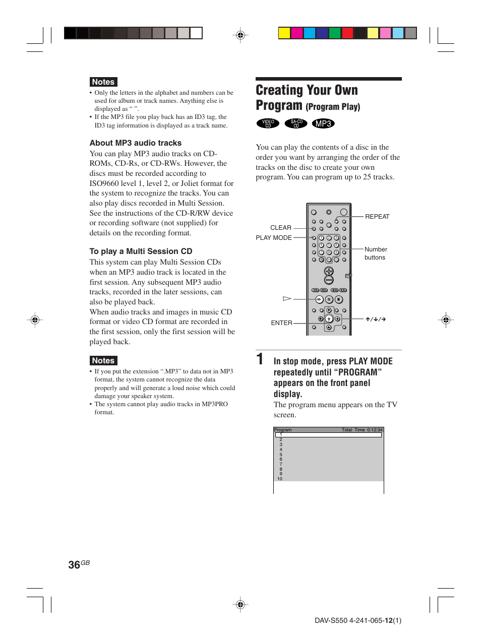 Creating your own program (program play), Creating your own program, Program play) | Sony DAV-S550 User Manual | Page 36 / 84