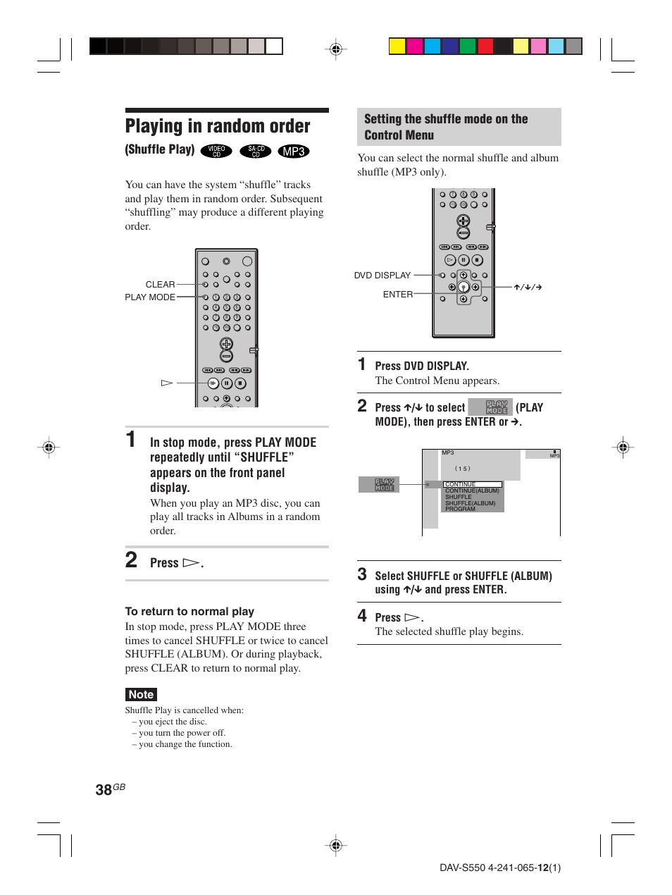 Playing in random order (shuffle play), Playing repeatedly (repeat play), Playing in random order | Sony DAV-S550 User Manual | Page 38 / 84