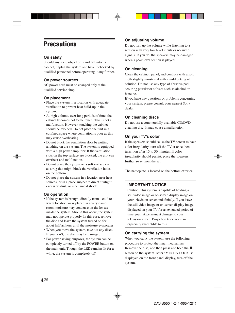Precautions | Sony DAV-S550 User Manual | Page 4 / 84
