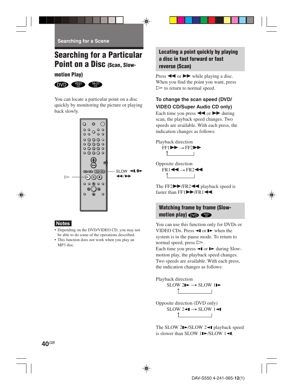 Searching for a scene, Searching for a title/ chapter/track/index/album, Searching for a particular point on a disc | Sony DAV-S550 User Manual | Page 40 / 84