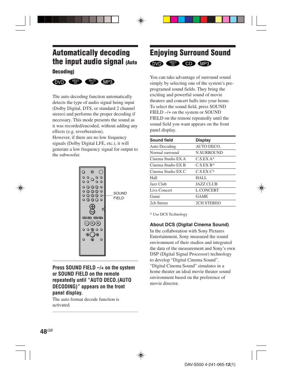 Automatically decoding the input audio signal, Enjoying surround sound | Sony DAV-S550 User Manual | Page 48 / 84