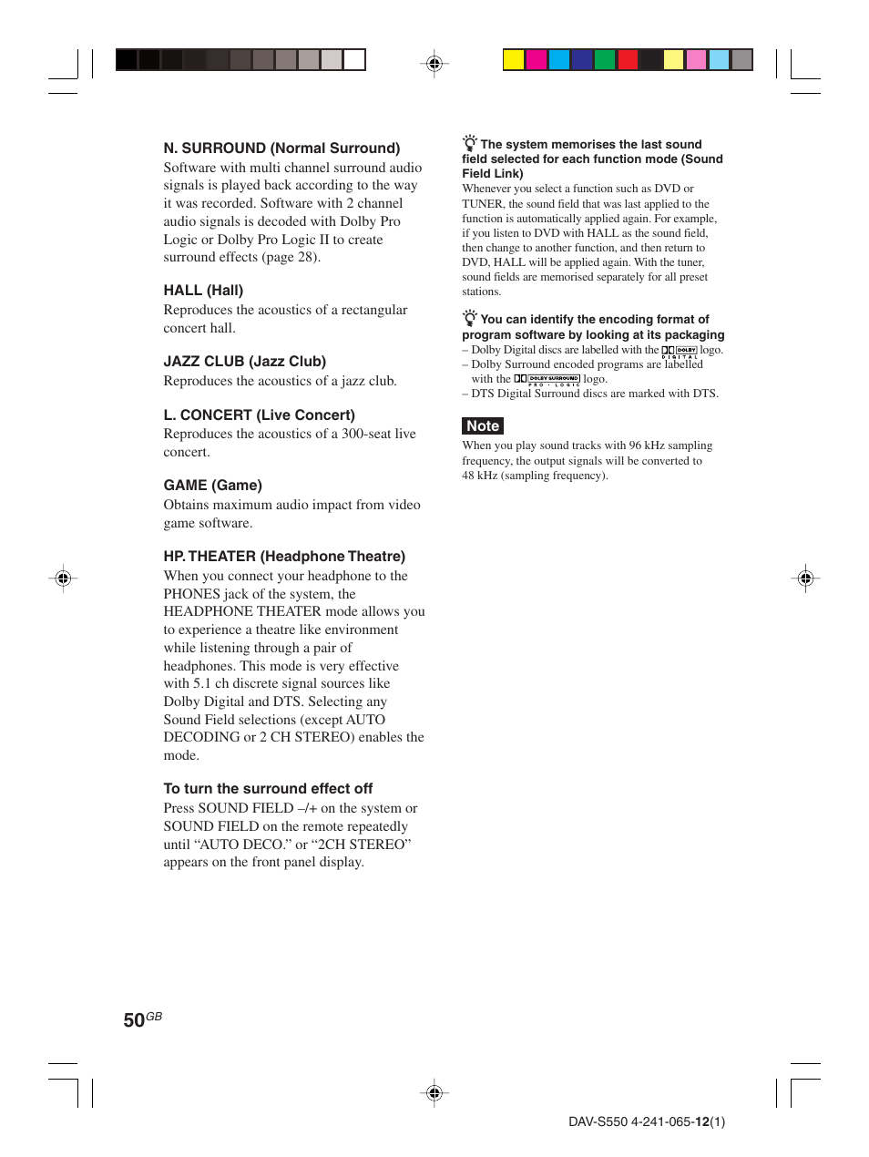 Sony DAV-S550 User Manual | Page 50 / 84