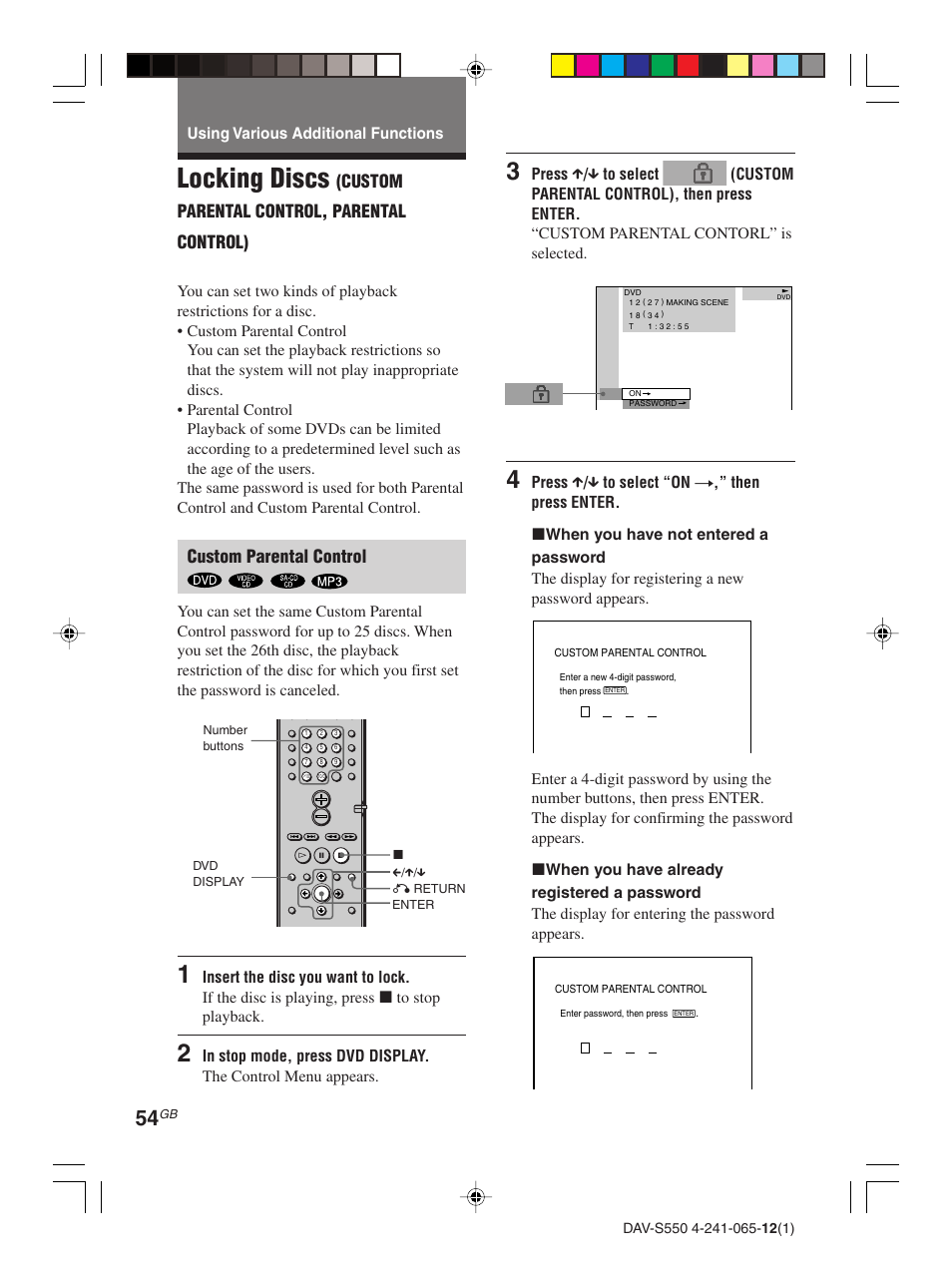 Using various additional functions, Locking discs, Custom parental control, parental control) | Custom parental control | Sony DAV-S550 User Manual | Page 54 / 84