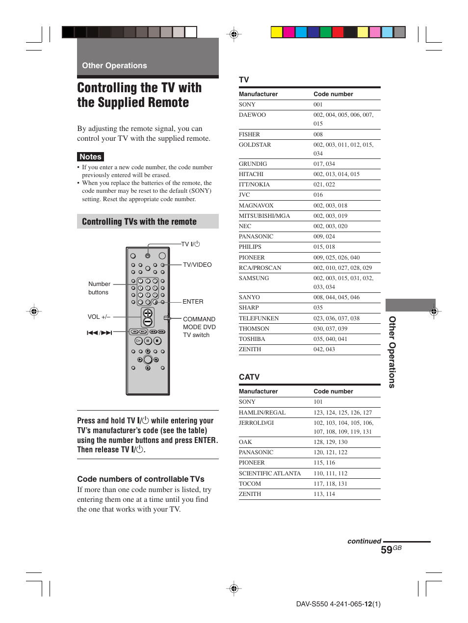 Other operations, Controlling the tv with the supplied remote, Using the video or other unit | Controlling tvs with the remote, Catv | Sony DAV-S550 User Manual | Page 59 / 84