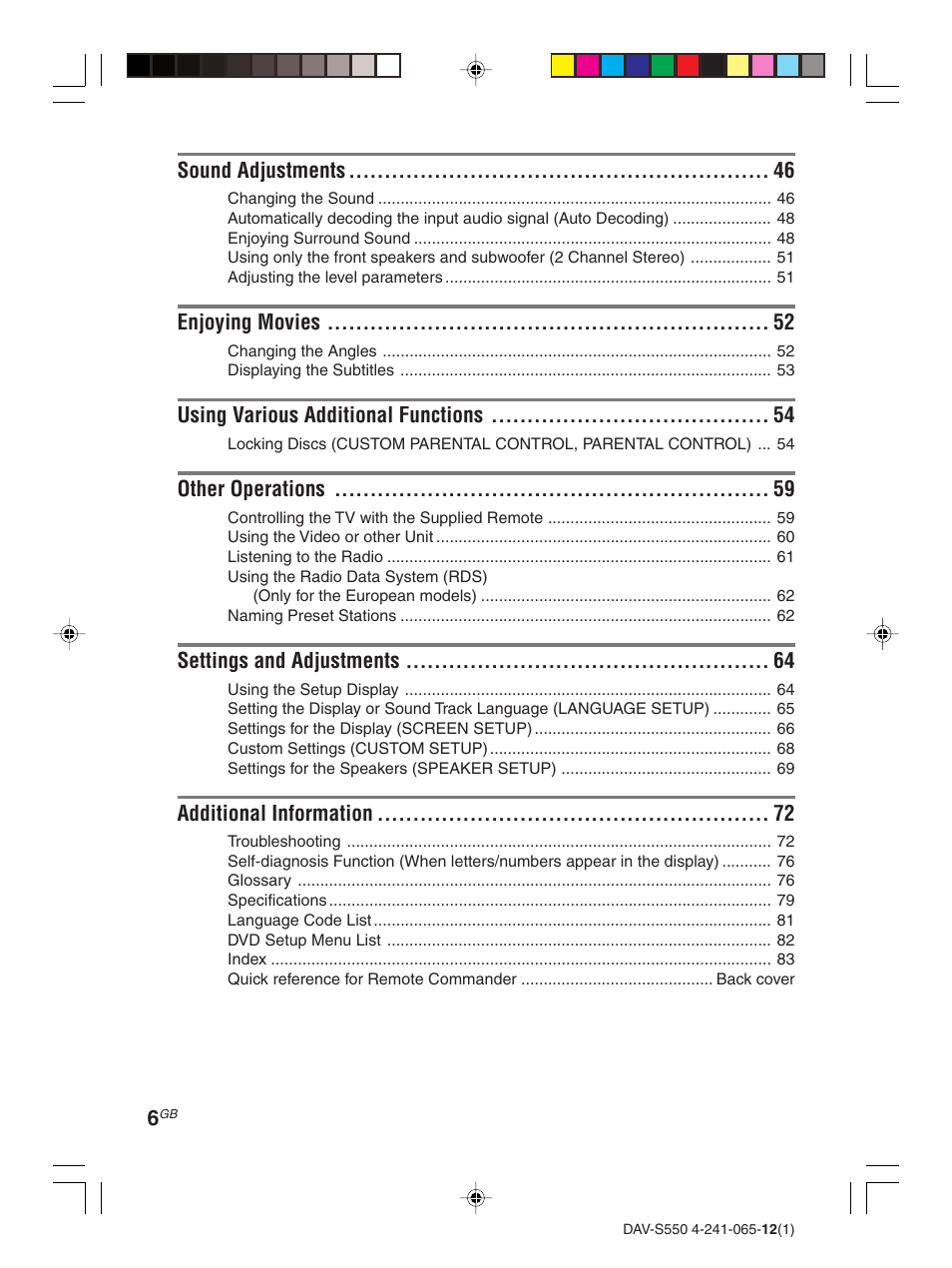 Sony DAV-S550 User Manual | Page 6 / 84