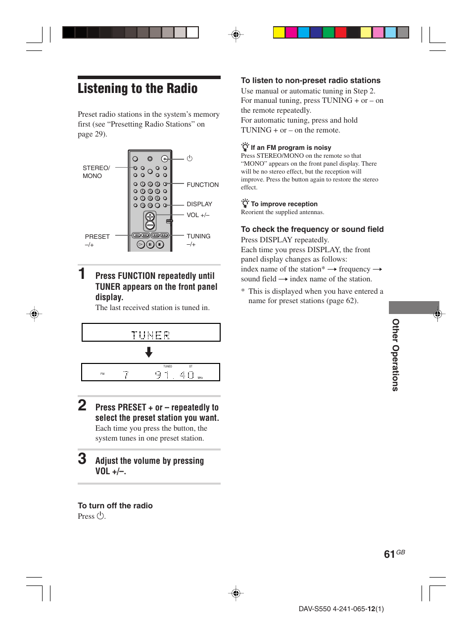 Listening to the radio | Sony DAV-S550 User Manual | Page 61 / 84