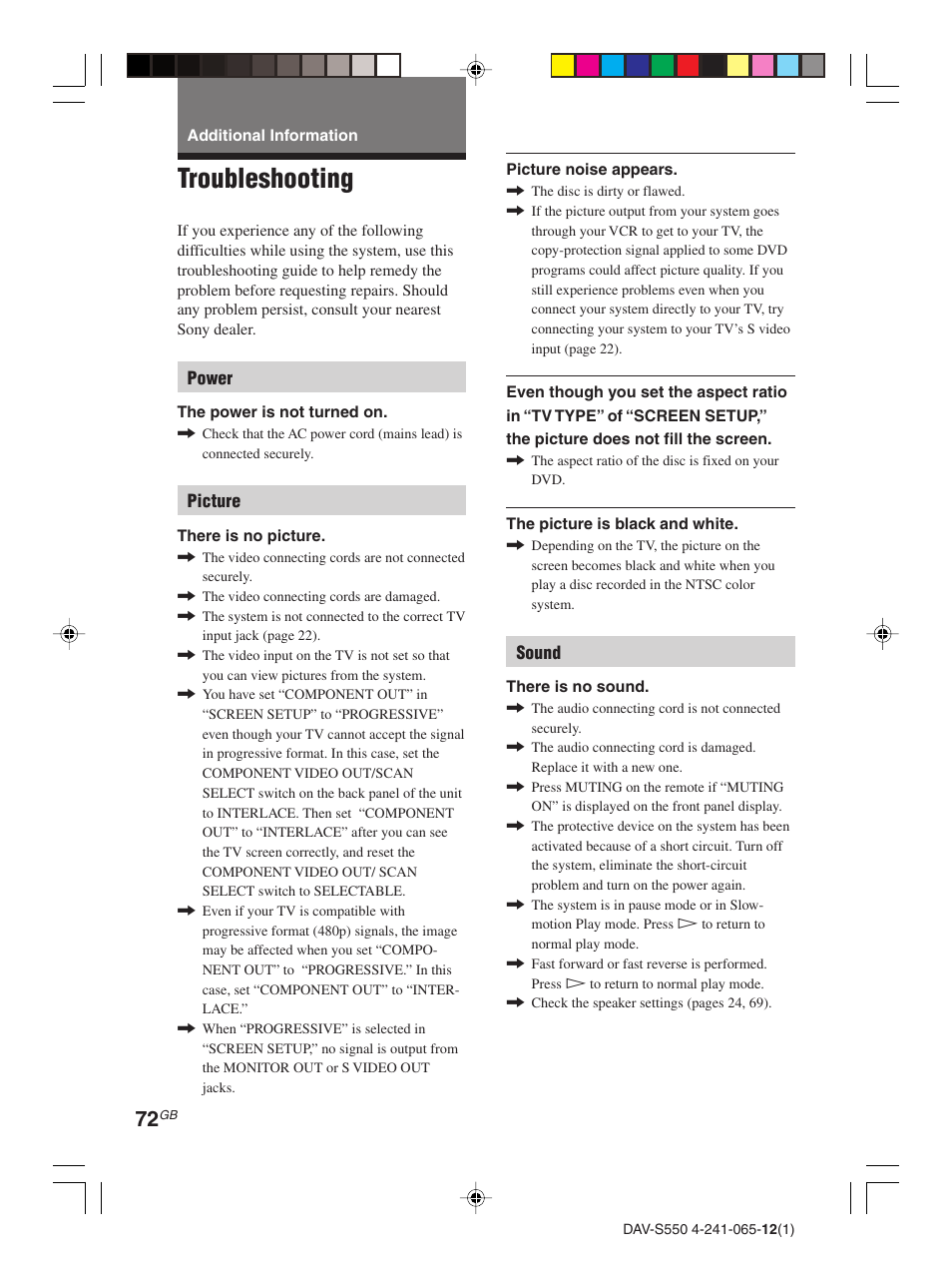 Additional information, Troubleshooting | Sony DAV-S550 User Manual | Page 72 / 84