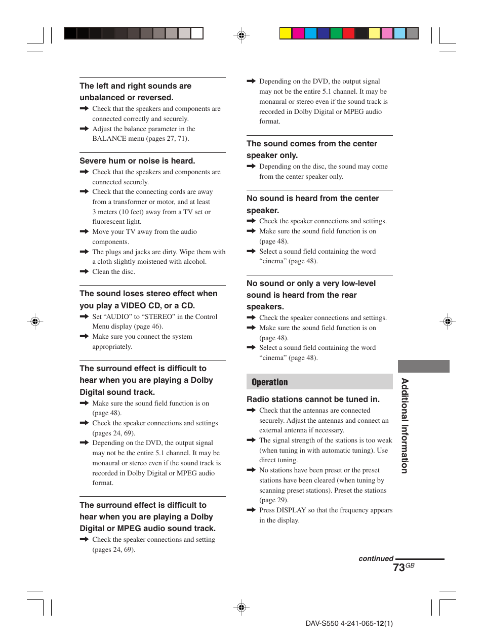 Sony DAV-S550 User Manual | Page 73 / 84