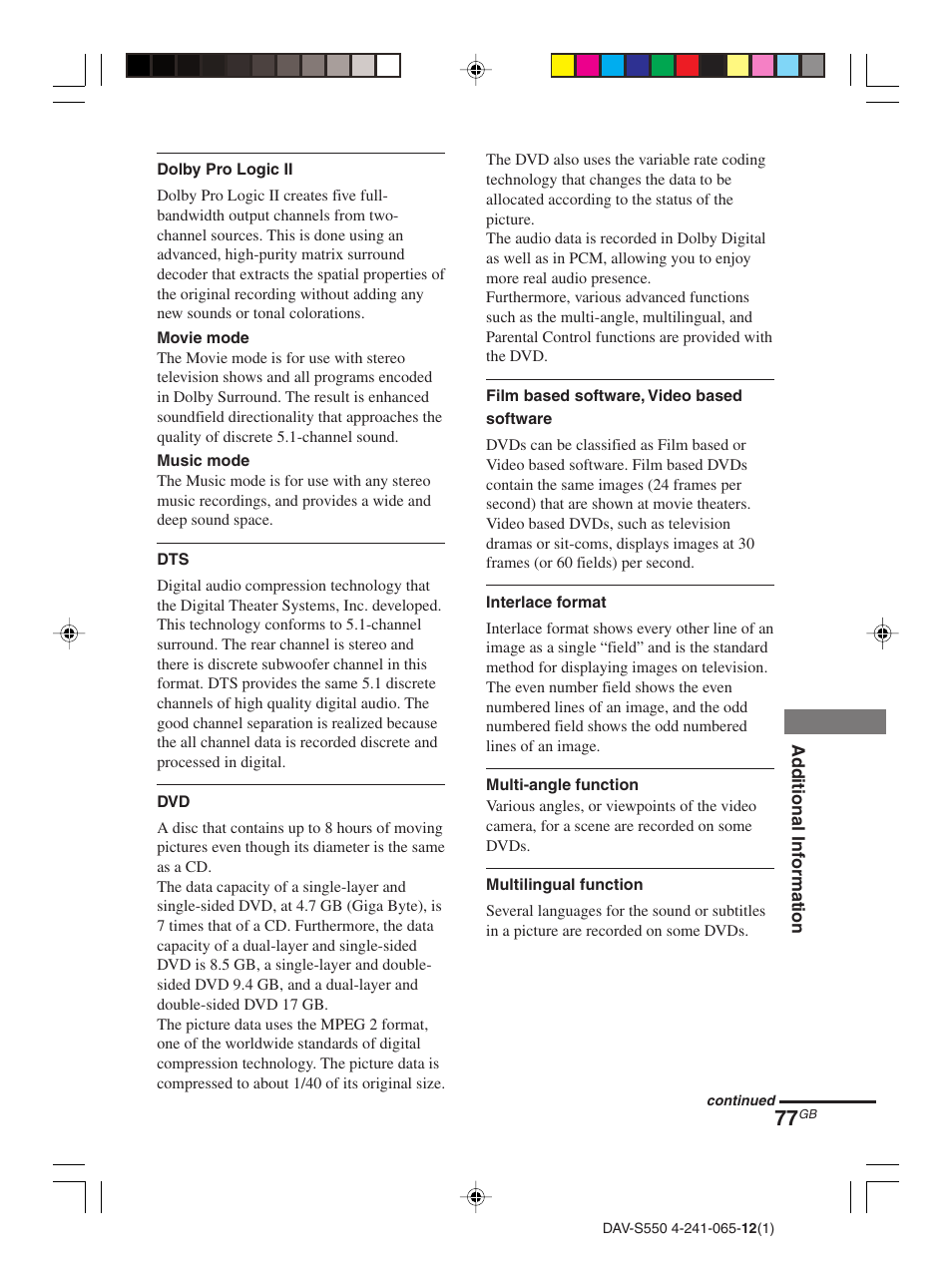 Sony DAV-S550 User Manual | Page 77 / 84