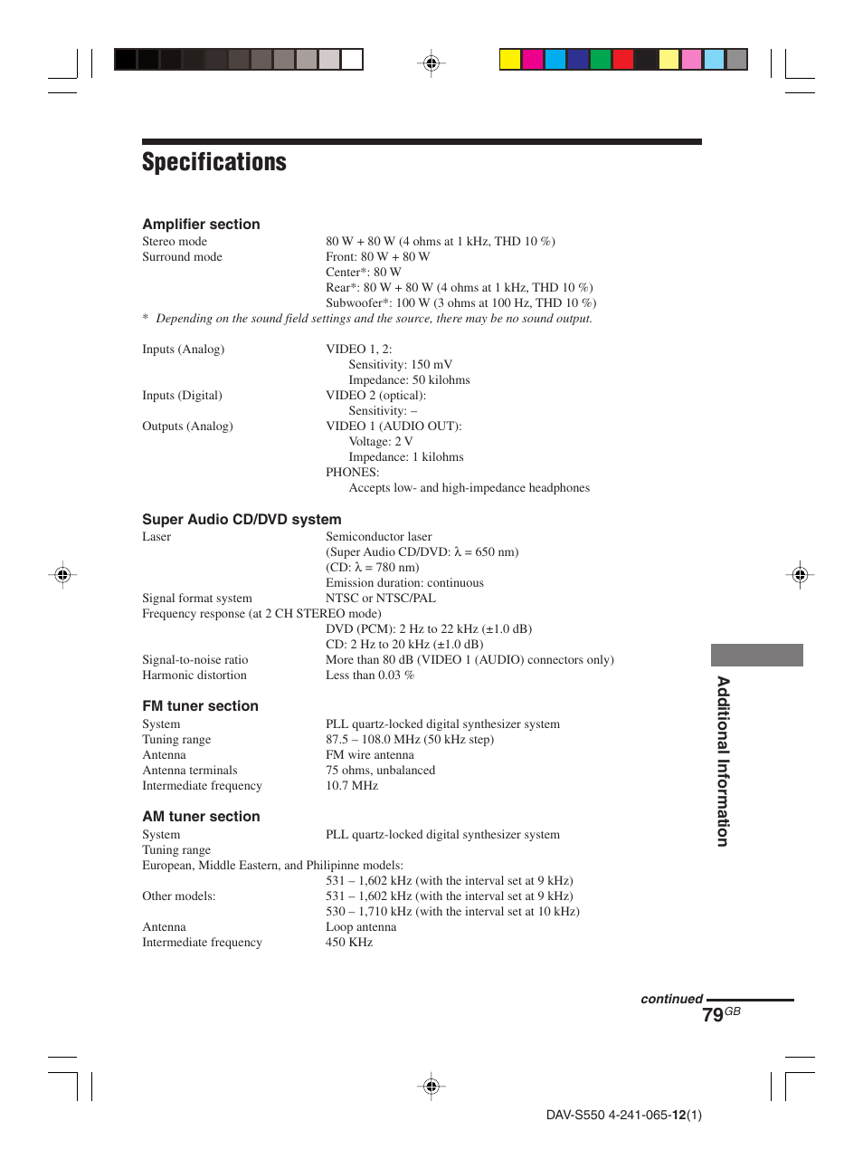 Specifications | Sony DAV-S550 User Manual | Page 79 / 84