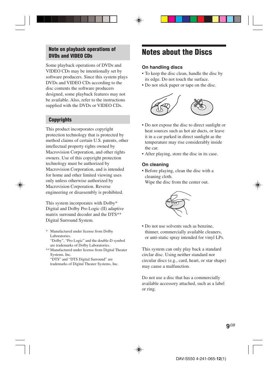 Notes about the discs | Sony DAV-S550 User Manual | Page 9 / 84
