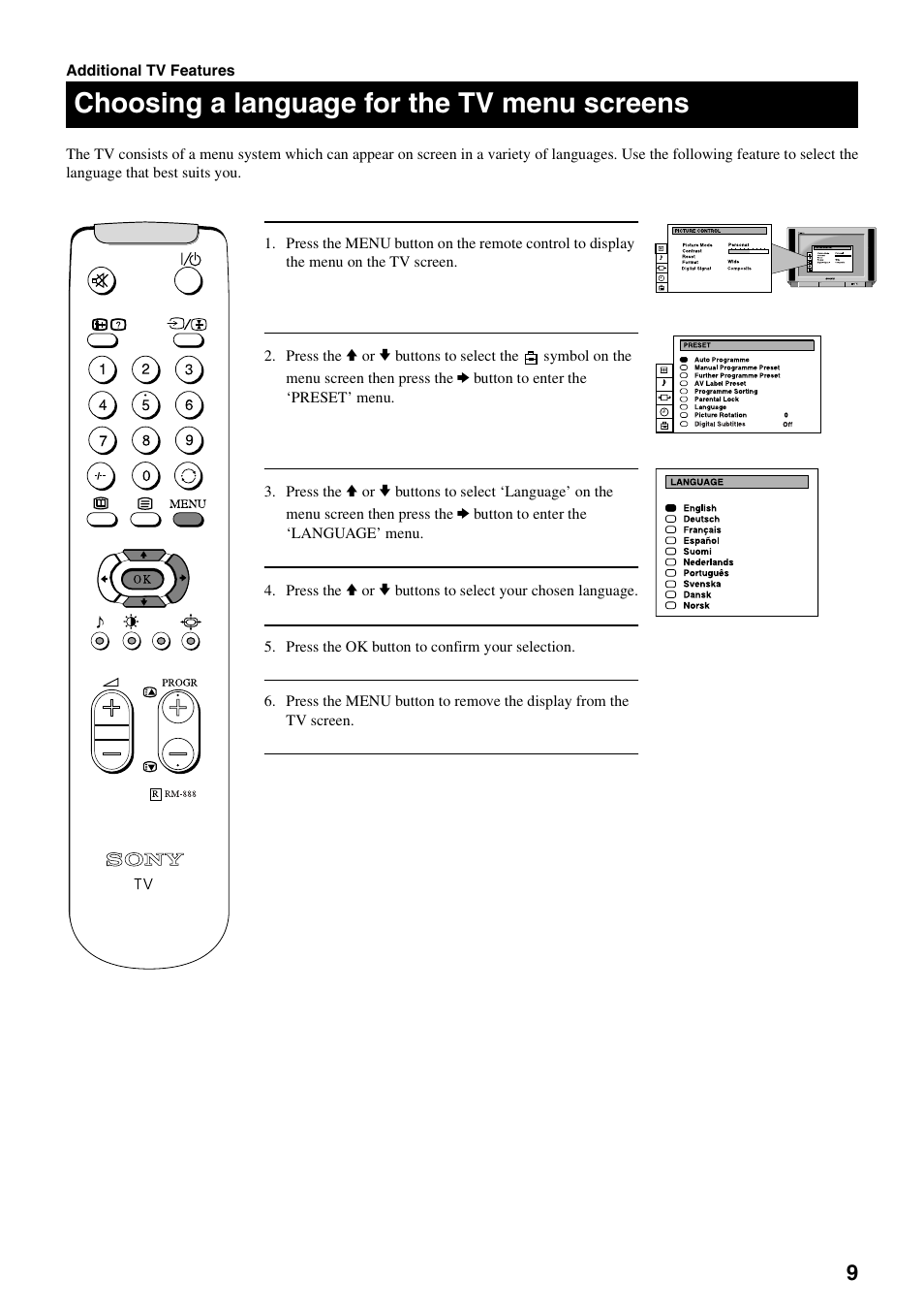 Choosing a language for the tv menu screens | Sony FD Trinitron KV-32DX20U User Manual | Page 11 / 34